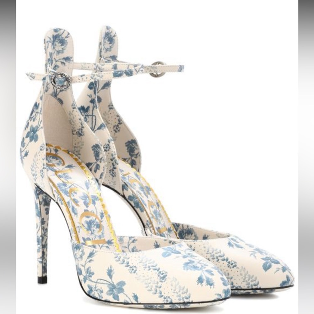 Gucci Women's Blue Floral-printed Leather pumps